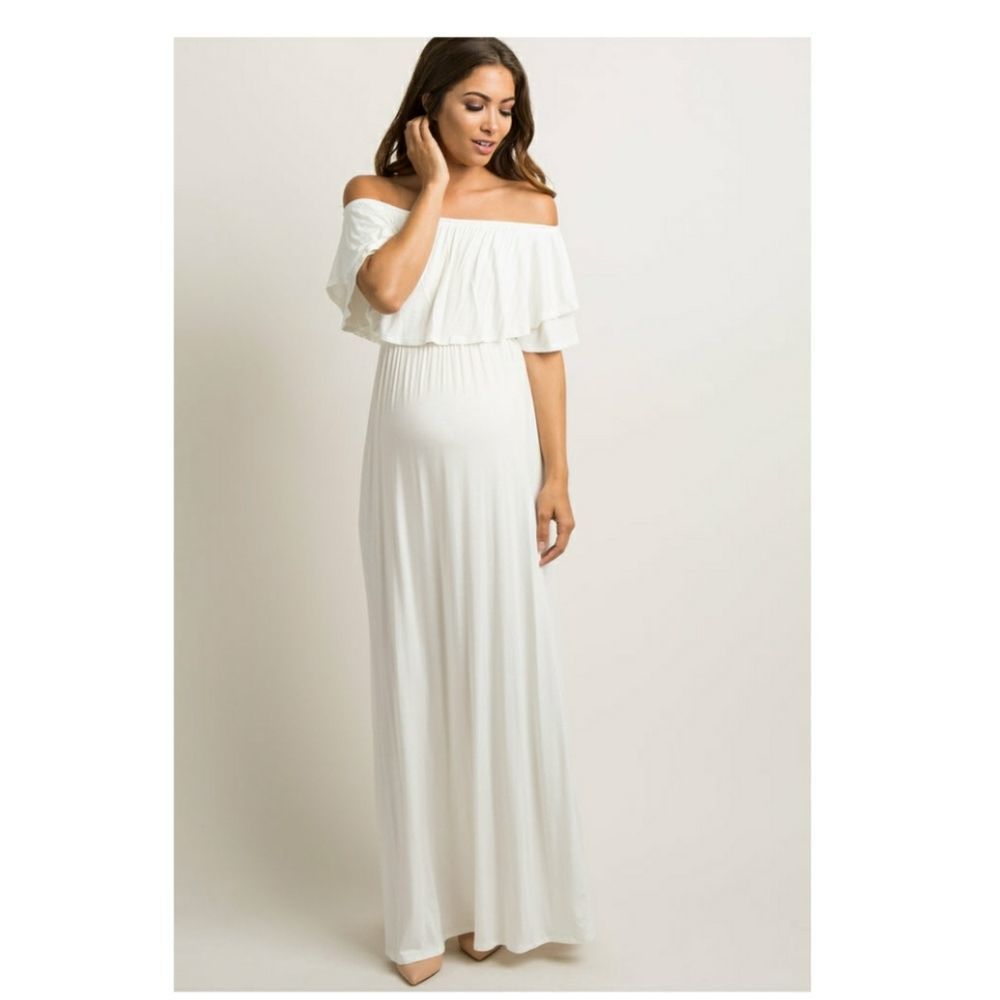 Pinkblush Off Shoulder Ivory  Ruffle Trim Maternity Maxi Dress - Picture 2 of 12